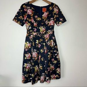 Modcloth Navy Blue Floral Dress with Belt and Pockets